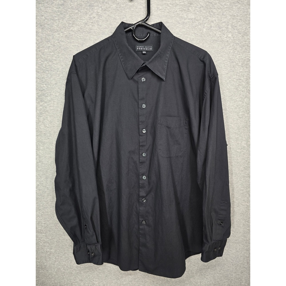 Perry Ellis Portfolio Mens Black Long Sleeve Button Down Dress Shirt 17.5 34/35